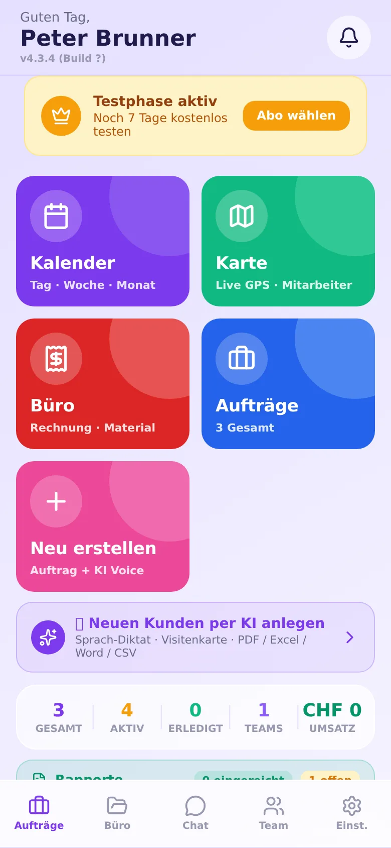 HandymanPlan App – Übersicht für den Chef mit Kalender, Karte, Büro und Aufträgen