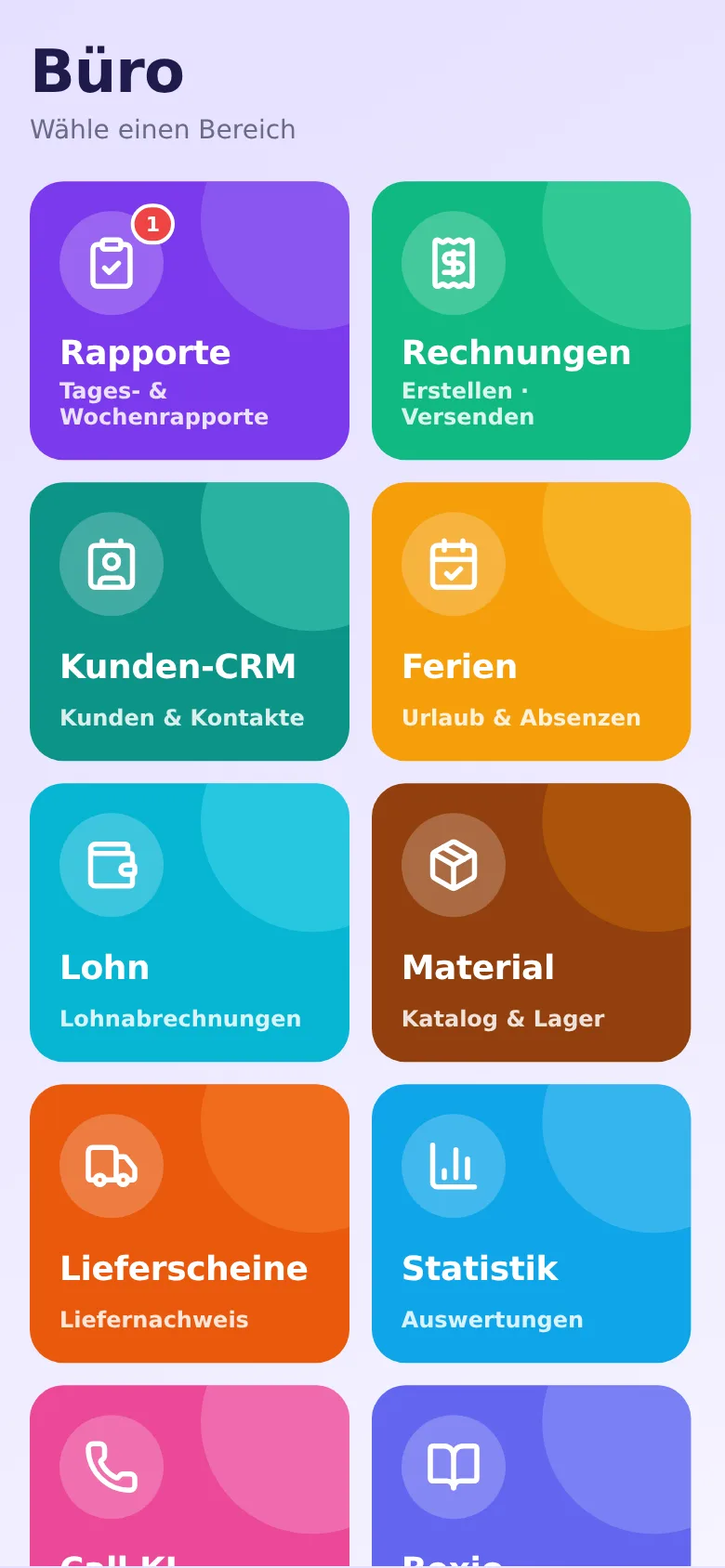 HandymanPlan App – Büro-Bereich mit Rapporten, Rechnungen, Kunden-CRM, Ferien und mehr