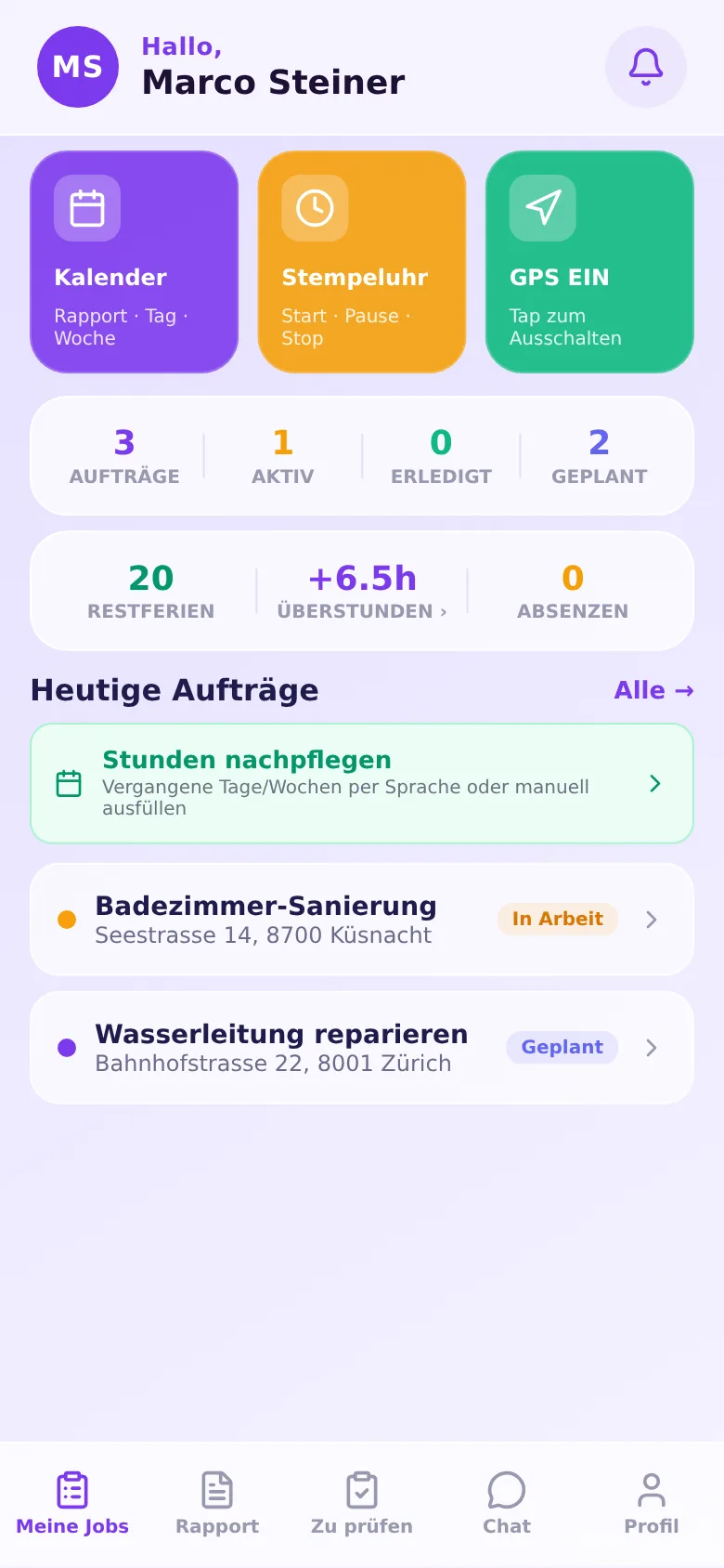 HandymanPlan App – Tagesübersicht für Mitarbeiter mit Aufträgen, Stempeluhr und Kalender