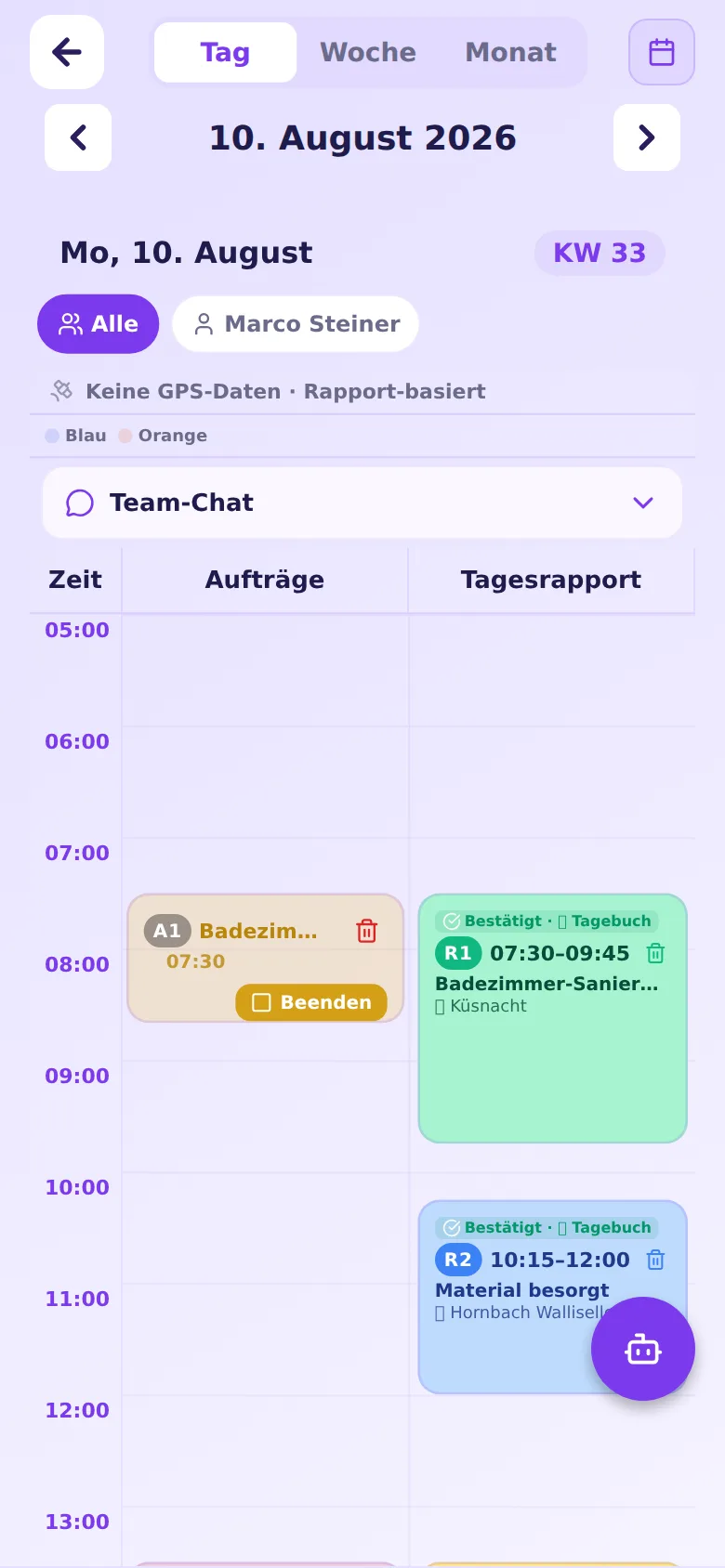 HandymanPlan App – Tageskalender mit Aufträgen und Tagesrapporten